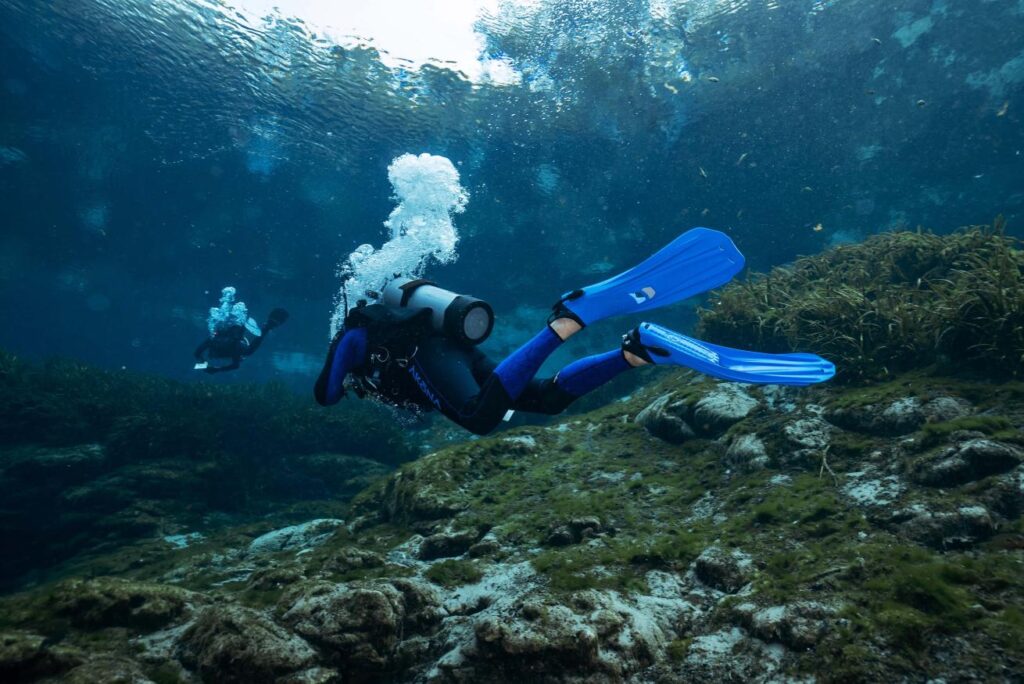Comparison of fin selection for different diving environments - tropical beach, cold water shore, drift diving